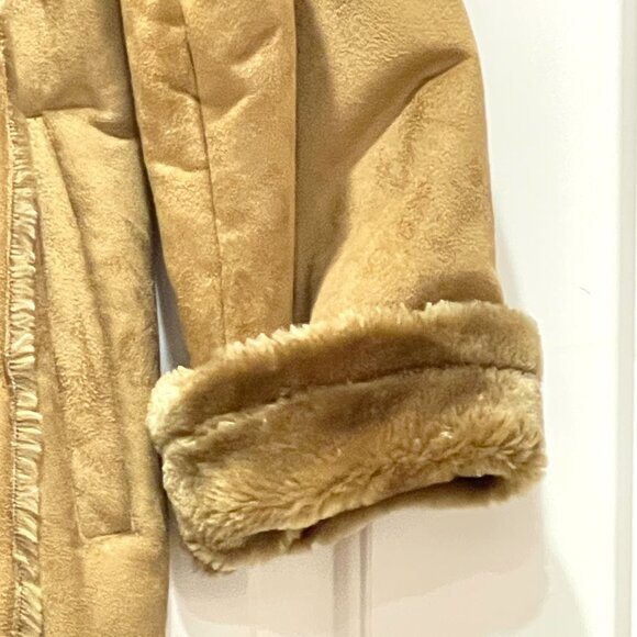 New St. John's Bay Tan Brown Vegan Faux Suede Fur Long Coat PS Petite Small - Picture 4 of 9